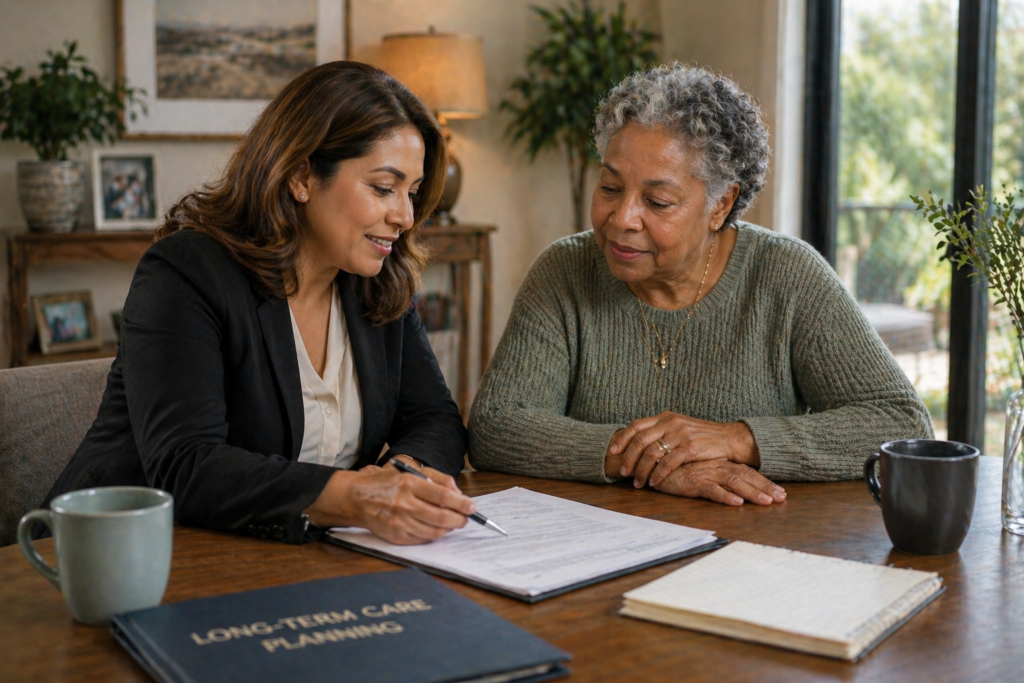 Long-term care and Medicaid planning consultation with advisor helping senior woman review financial and care planning documents at home